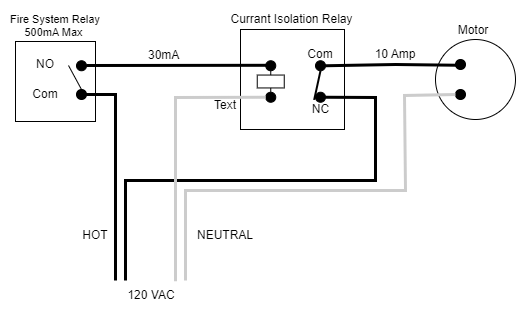 Showing fire system relay switching high voltage relay